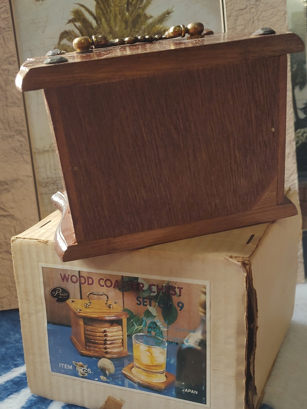 Wood Coaster Chest Set of 9 -vintahe Dark Brown Wooden Box - Picture 6 of 13
